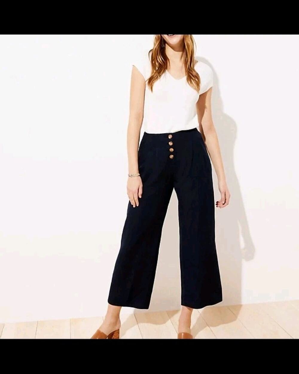 Loft Linen Blend Button Front Wide Leg Pants Navy XXS Cropped
